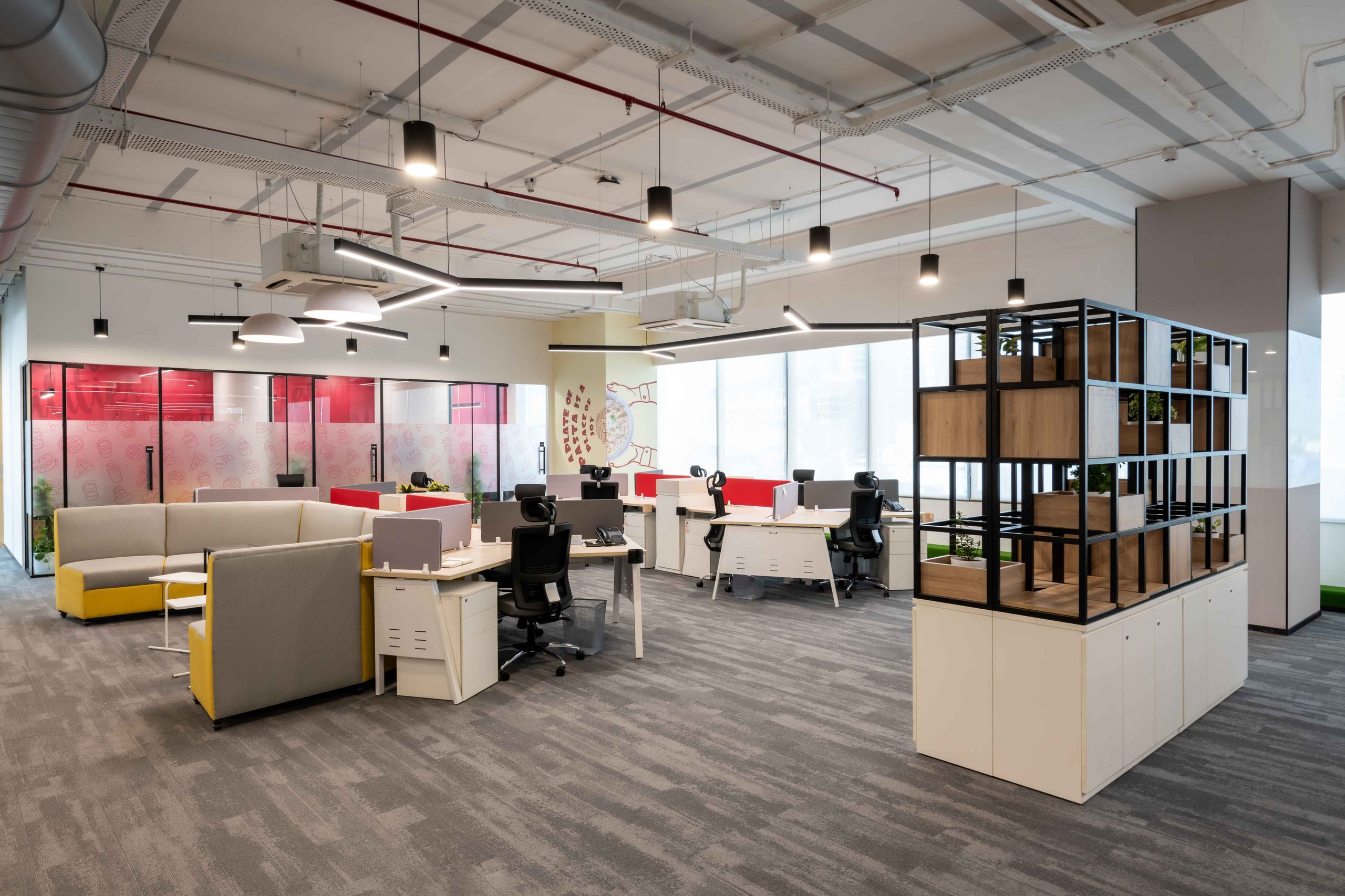 Fire sprinkler lines, cable trays and cassette AC units, Rich's office
